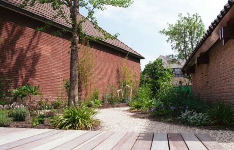 Middelgrote tuin met zwemvijver